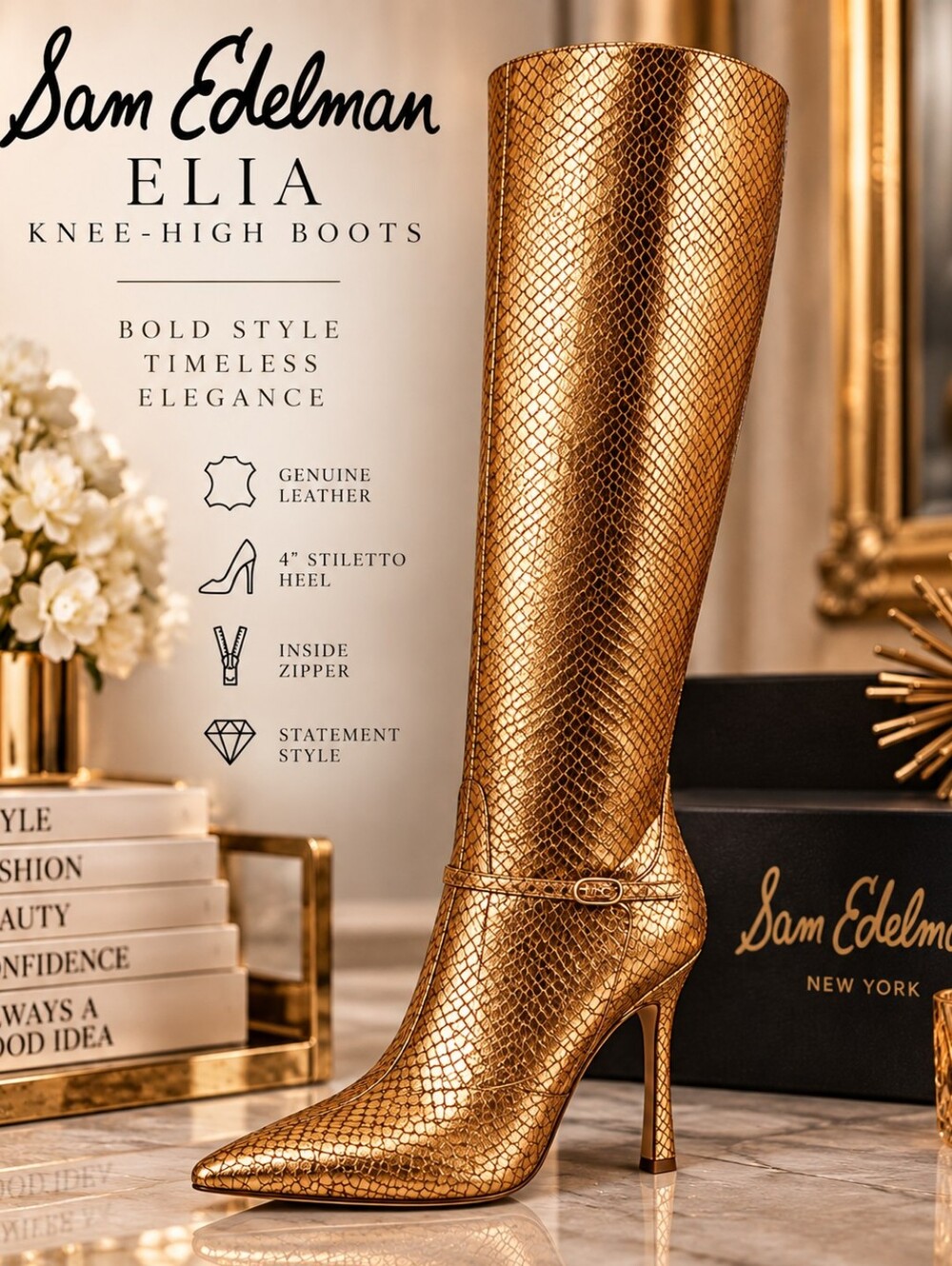 Sam Edelman Elia Medallion Gold Snake Knee-High Boots – NEW – Sizes 6 & 8